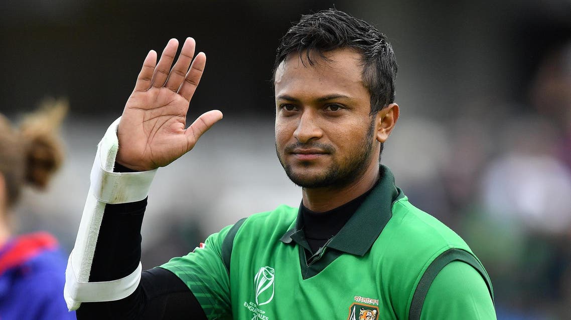 Shakib Al Hasan waves to the fans as he walks off the pitch after the match against West Indies on June 17, 2019. (AFP)