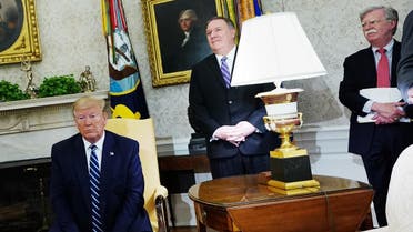 US President Donald Trump, Secretary of State Mike Pompeo, and National Security Advisor John Bolton are seen during a bilateral meeting with Canada's Prime Minister Justin Trudeau in the Oval Office of the White House in Washington, DC on June 20, 2019. (AFP)