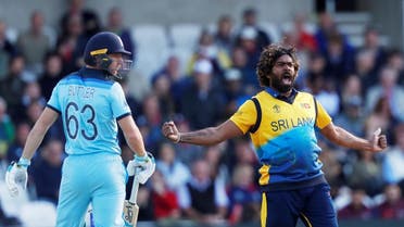 Sri Lanka’s Lasith Malinga celebrates taking the wicket of England’s Jos Buttler in the ICC Cricket World Cup match at Headingley, Leeds, Britiain, on June 21, 2019. (Reuters)