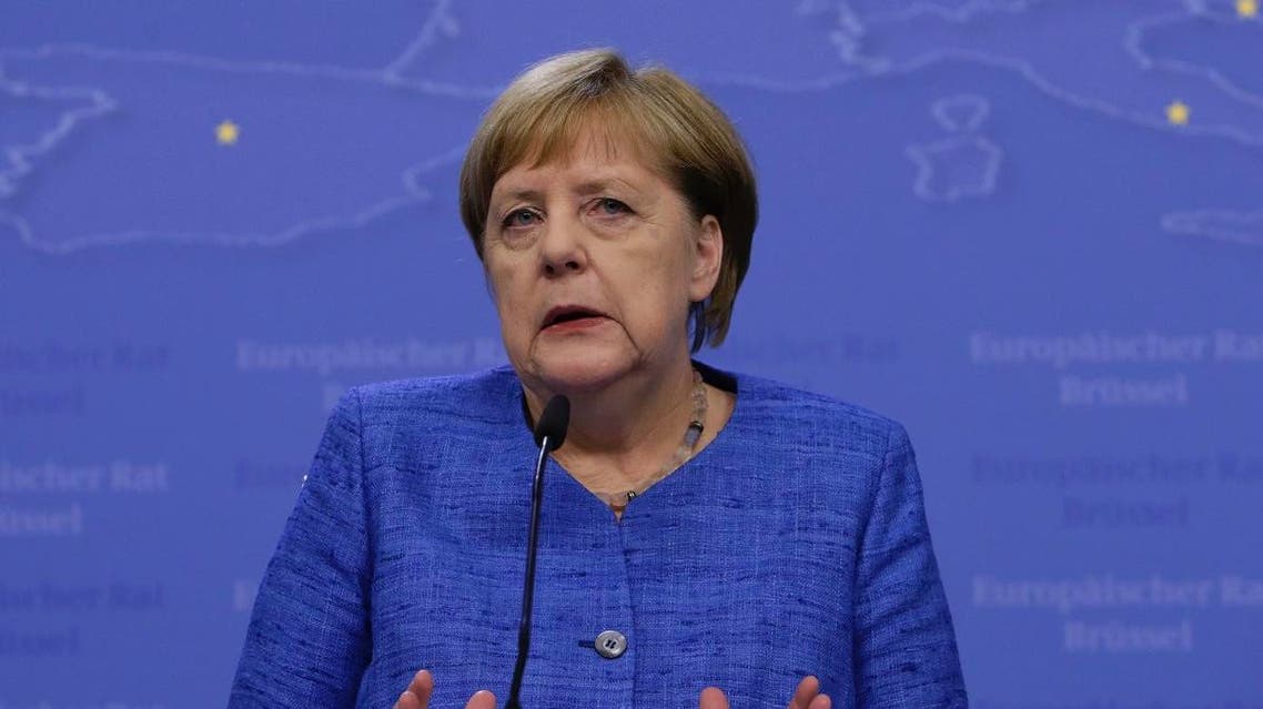 Germany’s Chancellor Angela Merkel gives a press conference at the end of an EU summit at the Europa building in Brussels, on June 21, 2019. (AFP)