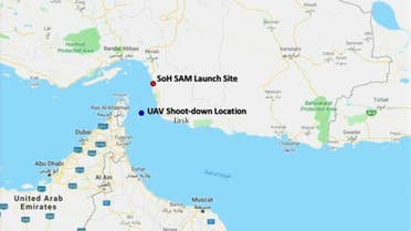 This map provided by the Department of Defense, Thursday, June 20, 2019, shows the site where they say a US Navy RQ-4 drone was shot down. (AP)