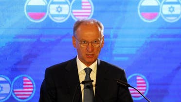 Russian Secretary of the Security Council Nikolai Patrushev speaks during a trilateral summit between the US, Israel, and Russia, in Jerusalem. (AFP)