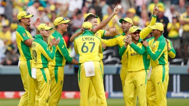 Australian crickets celebrate during the 2019 Cricket World Cup match against England at Lord’s Cricket Ground in London on June 25, 2019. (AFP)