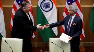 US Secretary of State Mike Pompeo and Indian Foreign Minister Subrahmanyam Jaishankar shake hands after a news conference at the Foreign Ministry in New Delhi, on June 26, 2019. (Reuters)