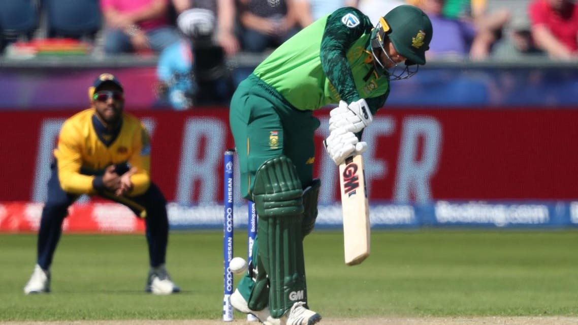 Sri Lanka’s Lasith Malinga takes the wicket of South Africa’s Quinton de Kock at Emirates Riverside, Chester-Le-Street, Britain - June 28, 2019. (Reuters)