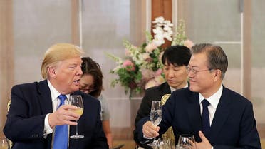 US President Donald Trump and South Korean President Moon Jae-in gesture at the presidential Blue House in Seoul. (AFP)