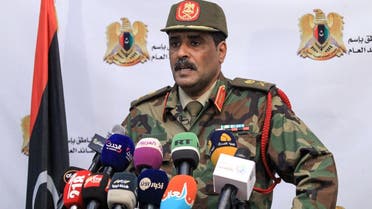 Brigadier General Ahmed al-Mesmari, spokesman of the self-proclaimed Libyan National Army (LNA) loyal to strongman Khalifa Haftar, speaks during a press conference in his office in Benghazi on April 20, 2019. (AFP)