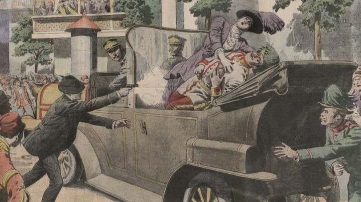 رسم تخيلي لحادثة اغتيال ولي عهد النمسا فرانز فرديناند