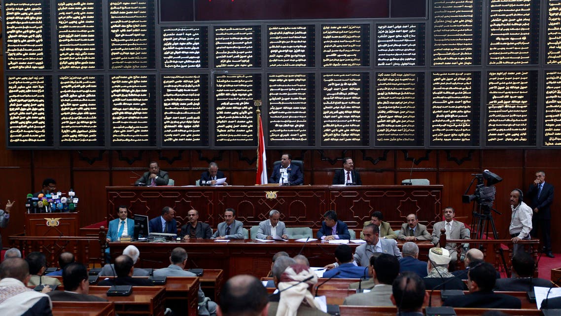 Members of the Yemeni Parliament take part in a session during which MPs take oath of office on August 14, 2016in the rebel-held capital Sanaa. Yemen's Iran-backed rebels convened parliament in defiance of the internationally recognised government prompting condemnation from President Abedrabbo Mansour Hadi.