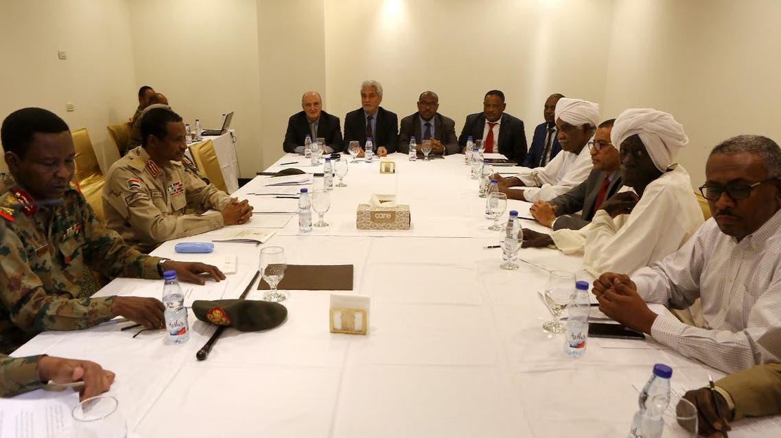 Members of the Sudanese Military Council and the protest movement the Alliance for Freedom and Change meet at the Corinthia Hotel in the capital Khartoum. (AFP)