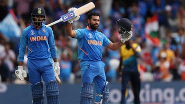 India’s Rohit Sharma celebrates after scoring his century in the ICC Cricket World Cup match against Sri Lanka, at Headingley, Leeds, Britain, on July 6, 2019. (Reuters)