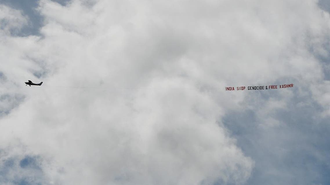 A plane towing a banner flies over the Sri Lanka v India match in Headingley, Leeds, Britain, on July 6, 2019. (Reuters)