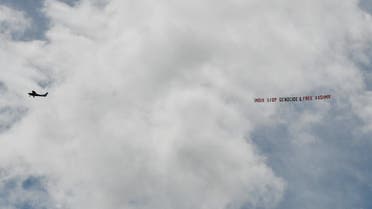 A plane towing a banner flies over the Sri Lanka v India match in Headingley, Leeds, Britain, on July 6, 2019. (Reuters)