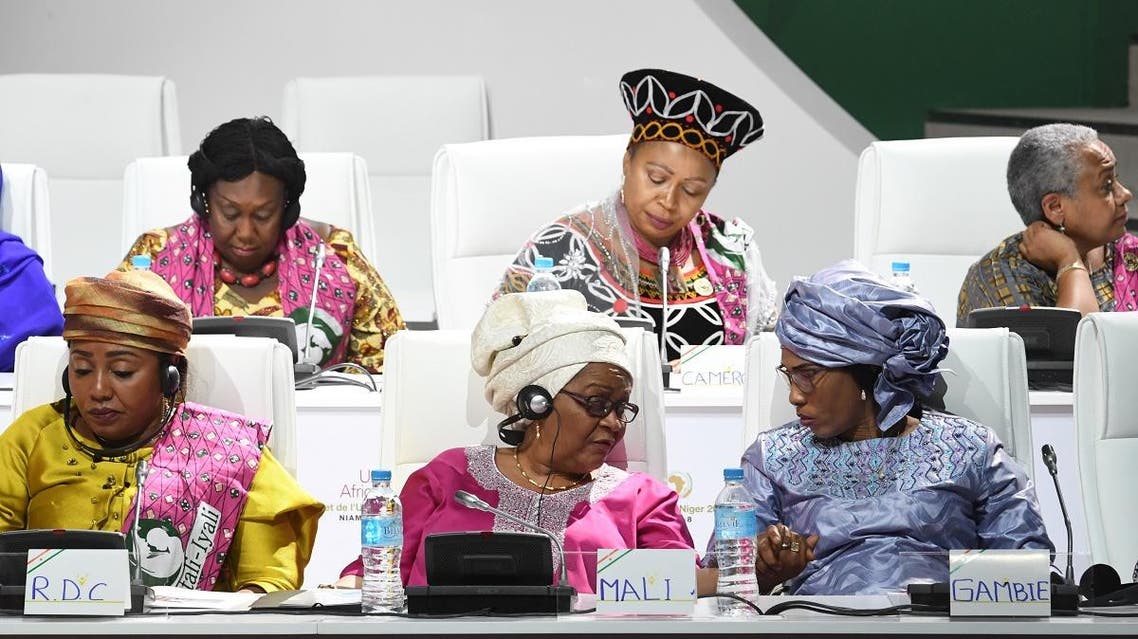 First ladies of Democratic Republic of Congo Denise Nyakeru Tshisekedi (L), Aminata Keita of Mali (C) and Fatoumata Ba Barrow of Gambia (R) attend a meeting at the palais des Congres in Niamey, on July 6, 2019, on the sidelines of the African Union summit. (AFP)