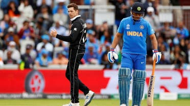 New Zealand’s Mitchell Santner celebrates taking the wicket of India’s Hardik Pandya. (Reuters)