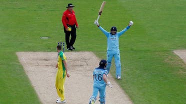 England’s Eoin Morgan and Joe Root celebrate after the ICC Cricket World Cup Semi Final which they won against Australia at Edgbaston, Birmingham, Britain, on July 11, 2019. (Reuters) 