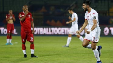 Tunisia’s Ferjani Sassi celebrates scoring their first goal against Madagascar in the Africa Cup of Nations Quarter Final at the Al Salam Stadium, Cairo, on July 11, 2019. (Reuters)