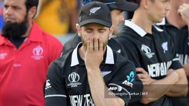 New Zealand's captain Kane Williamson reacts on the pitch after the 2019 Cricket World Cup final