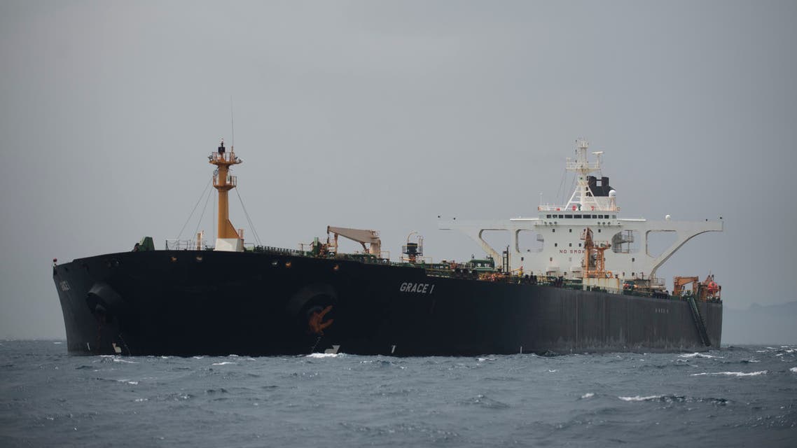 (FILES) In this file photo taken on July 06, 2019 A picture shows supertanker Grace 1 off the coast of Gibraltar on July 6, 2019. Gibraltar police have arrested two more officers of a seized Iranian tanker suspected of breaching EU sanctions by shipping oil to Syria, the Royal Gibraltar Police said on July 12, 2019.