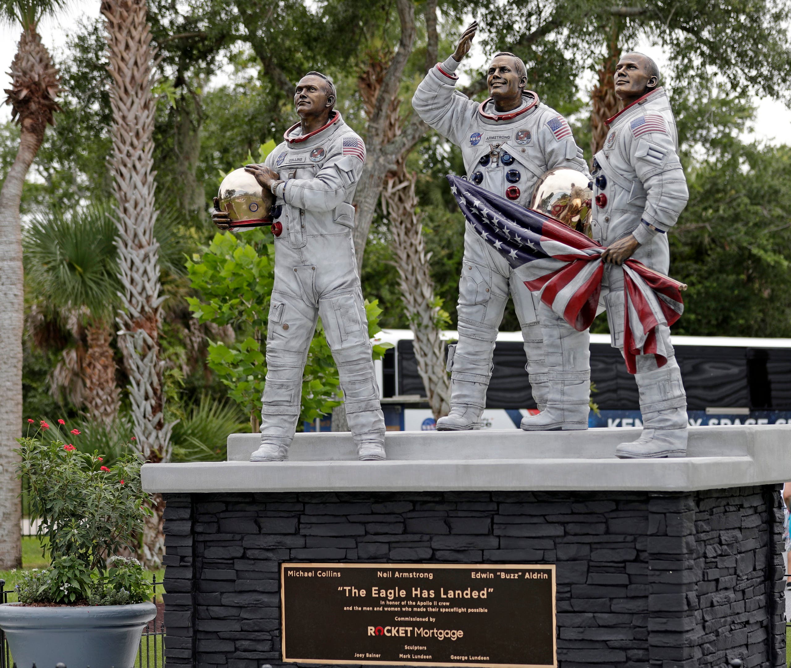 The new Apollo 11 statue of the astronauts Michael Collins, Neil Armstrong and Buzz Aldrin is seen at the Kennedy Space Center Visitor Complex. (AP)