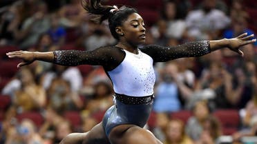 Simone Biles performs her floor routine during the GK US Classic gymnastics meet in Louisville, Ky., Saturday, July 20, 2019. (AP)