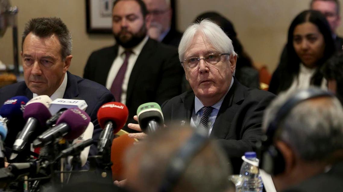 United Nations Special Envoy to Yemen Martin Griffiths, center, talks to reporters. (File photo: AFP)