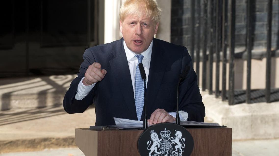 Britain’s new Prime Minister Boris Johnson gives a speech outside 10 Downing Street in London on July 24, 2019. (AFP)