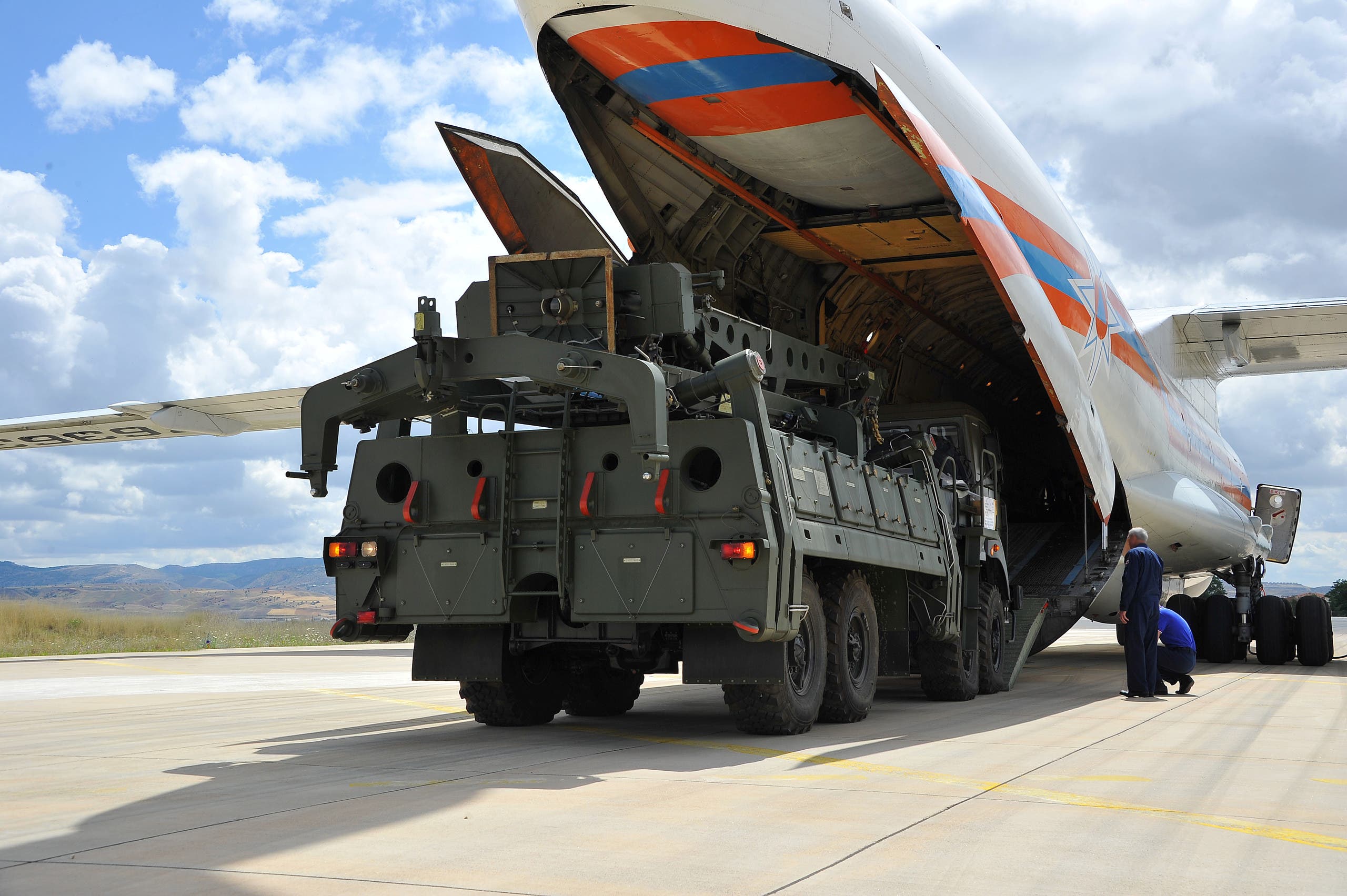 First parts of a Russian S-400 missile defense system are seen after unloaded from a Russian plane at Murted Airport, known as Akinci Air Base, near Ankara, Turkey, July 12, 2019. (Reuters)