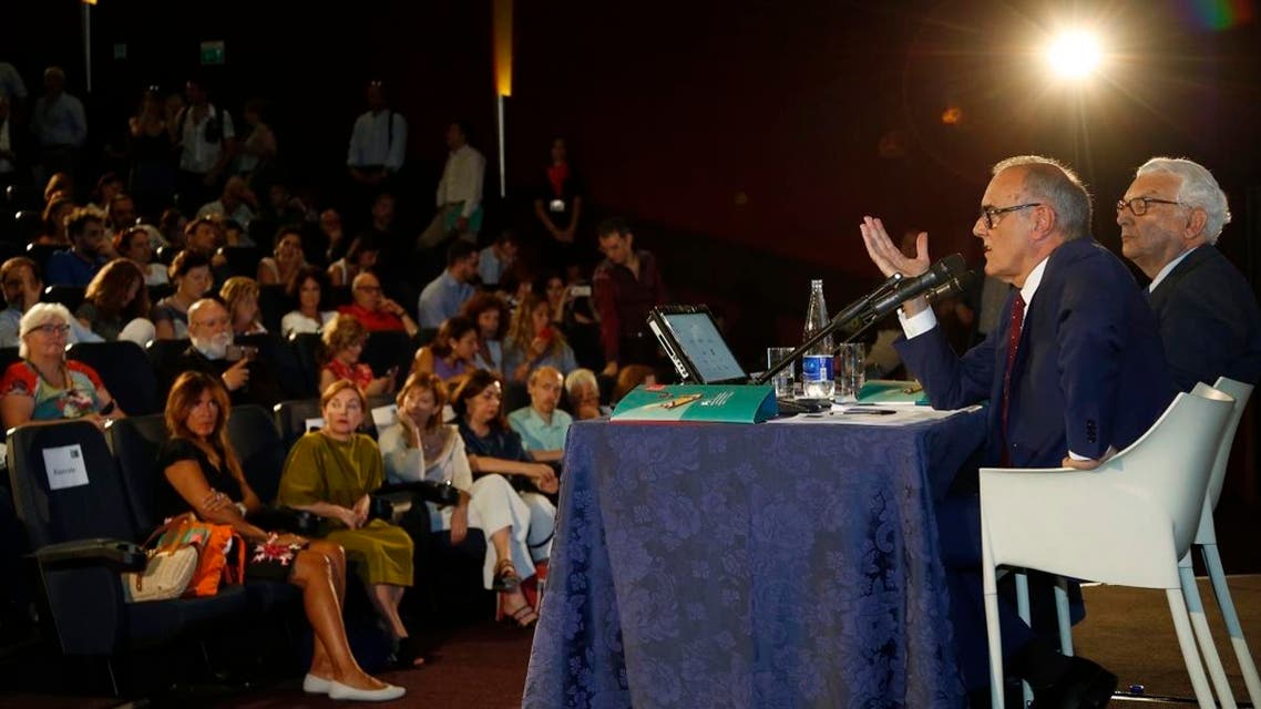 Director of the Venice Film Festival, Alberto Barbera (right), and Venice Biennale President Paolo Baratta meet the journalists on the occasion of the official presentation of the 76th edition of the festival in Rome, on July 25, 2019. (AP)