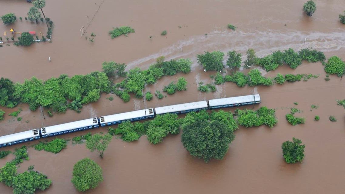 The Mahalaxmi Express train marooned in floodwaters in Badlapur, in the western Indian state of Maharashtra, on, July 27, 2019. (AP)