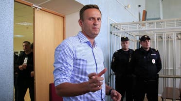 Russian opposition leader Alexei Navalny, who is charged with participation in an unauthorised protest rally, addresses journalists after a court hearing in Moscow. (Reuters)