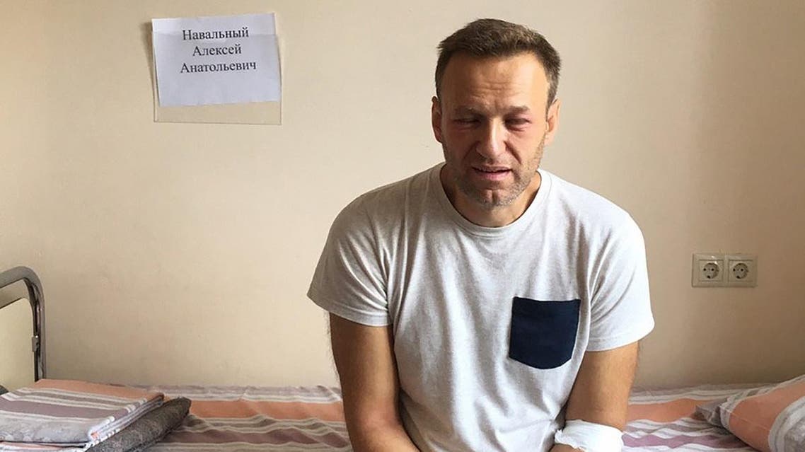 A handout image made available on the official website of Russia's opposition leader Alexei Navalny (Navalny.com) on July 29, 2019, shows Russia's jailed opposition leader Alexei Navalny sitting on a hospital bed in Moscow. (AFP)