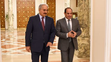 A handout picture released by the Egyptian Presidency on May 9, 2019 shows Egyptian President Abdel Fattah al-Sisi meeting with Libyan military rebel commander Khalifa Haftar (L) at the Ittihadia presidential Palace in the capital Cairo. Haftar was in Cairo for the second time since he launched a military offensive on his country's capital, the Egyptian presidency said. Haftar has gained the ardent support of Egyptian President Abdel Fattah al-Sisi for his assault on Tripoli, where Libya's UN-recognised government sits.