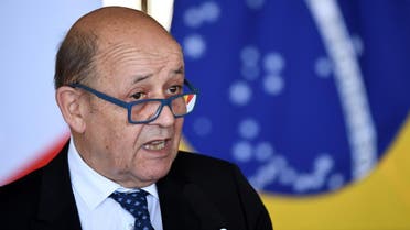 France's Foreign Minister Jean-Yves Le Drian speaks during a press conference at Itamaraty Palace in Brasilia, on July 29, 2019. (AFP)