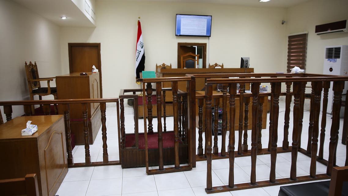 A picture shows a courtroom at Baghdad's Karkh main appeals court building in the western sector of the Iraqi capital on May 29, 2019 where French jihadists accused of belonging to the Islamic state are being tried. The Baghdad court sentenced a Frenchman to death for joining the Islamic State group, bringing to seven the number of French jihadists on death row in Iraq.