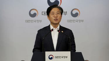 Sung Yun-mo, South Korea's Minister of Trade, Industry and Energy, speaks during a press conference at the government complex in Seoul, South Korea, Tuesday, July 9, 2019. (AP)