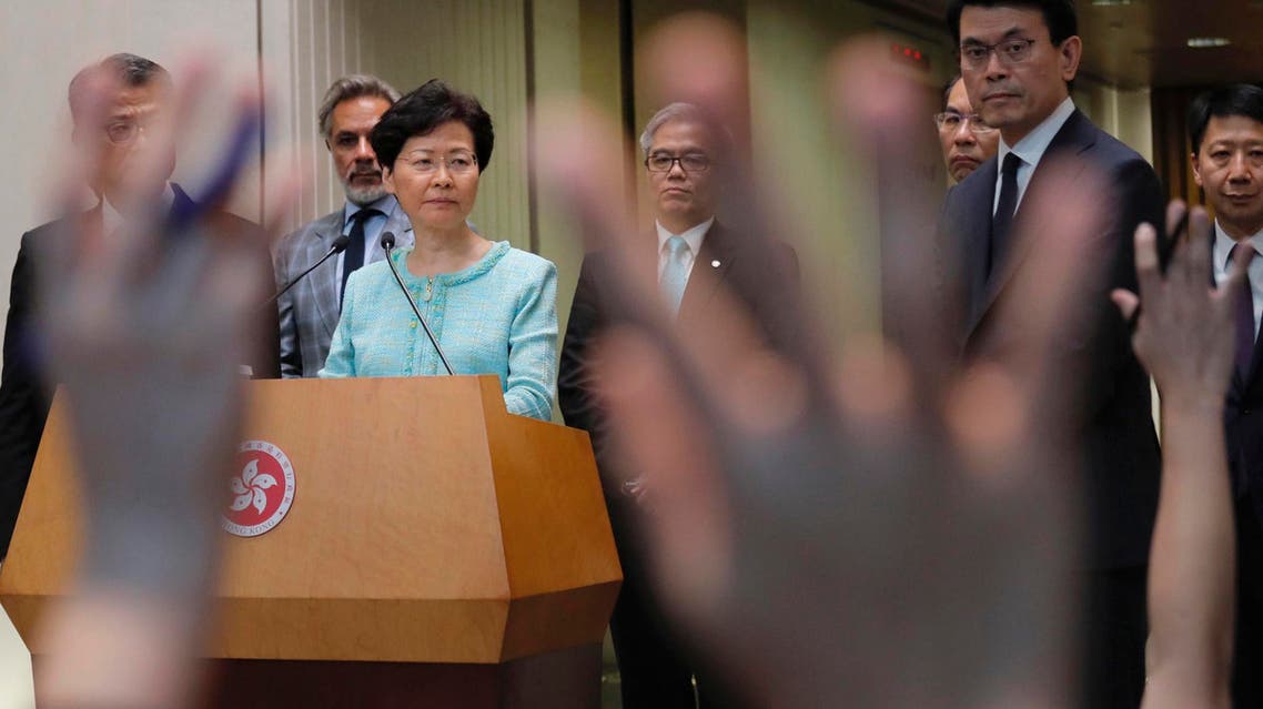 Hong Kong Chief Executive Carrie Lam waits for questions during a press conference in Hong Kong Friday, Aug. 9, 2019. (AP)