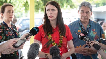 New Zealand’s Prime Minister Jacinda Ardern (center), and Foreign Affairs Minister Winston Peters, right, speak to the media during the Pacific Islands Forum in Nauru. (AFP)