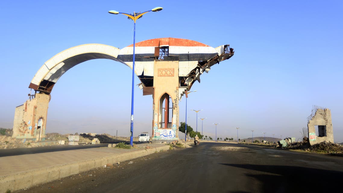 A picture taken on July 6, 2019 shows a gate damaged during past Saudi-led coalition air strikes, in the province of Amran, some 50 kilometres (30 miles) north of the Yemeni capital Sanaa. Amran, a strategic gateway to Yemen's capital Sanaa, was taken by the Iran-backed Huthis on July 8, 2014.