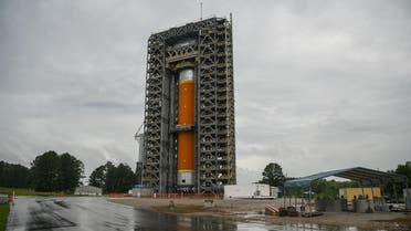 A liquid hydrogen tank structural test stand is seen on July 17, 2019, at NASA's Marshall Space Flight Center in Huntsville, Alabama. (AFP)