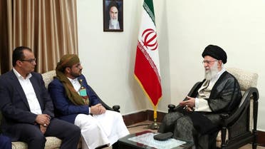 A handout picture provided by the office of Iran's Supreme Leader Ayatollah Ali Khamenei on August 13, 2019 shows him (R) meeting with Mohammed Abdul-Salam (2nd-L), spokesman for Yemen's Houthis. (AFP)