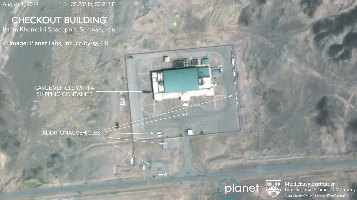 This Aug. 9, 2019, satellite image from Planet Labs Inc., that has been annotated by experts at the James Martin Center for Nonproliferation Studies at Middlebury Institute of International Studies, shows activity at the Imam Khomeini Space Center in Iran's Semnan province. (Photo courtesy: Middlebury Institute)
