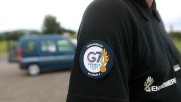 A picture shows a badge of a French gendarme G7 security detail during a drone testing on the aerodrome of Itxassou, southwestern Framnce, on August 19, 2019, ahead of a Group of Seven (G7) summit held in nearby Biarritz from August 24 to 26, 2019. (AFP)