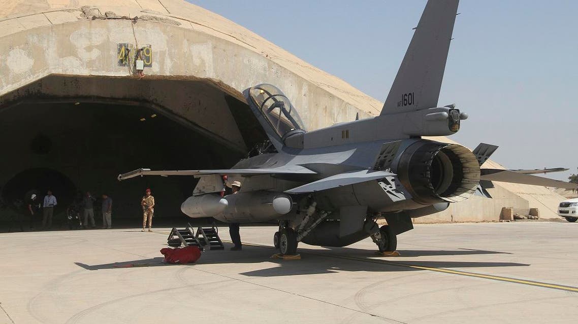 This July 2015 file photo shows one of four new U.S.- made F-16 fighter jets outside a hardened hangar upon its arrival to Balad air base, north of Baghdad. (AP)