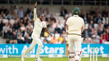 England’s Jofra Archer celebrates after taking his 5th wicket, that of Australia’s Pat Cummins, (right), caught by Jonny Bairstow for 0 on the first day of the 3rd Ashes Test at Headingley in Leeds, England, on August 22, 2019. (AP) 