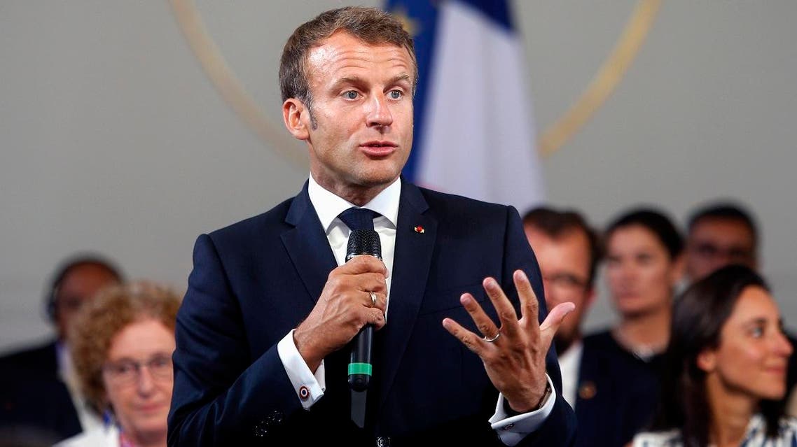 French President Emmanuel Macron delivers a speech on environment and social equality to business leaders on the eve of the G7 summit, on August 23, 2019 in Paris. (AFP)