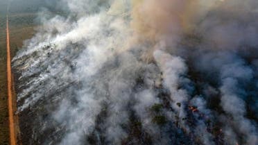 An aerial view of forest fire of the Amazon taken with a drone is seen from an Indigenous territory in the state of Mato Grosso (Reuters)