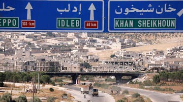Road direction signs are pictured at the entrance enroute to Khan Sheikhoun, Idlib. (Reuters)