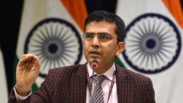 Official spokesperson Raveesh Kumar gestures as he speaks at a media conference at the Indian Ministry of External Affairs in New Delhi on February 26, 2019. (AFP)