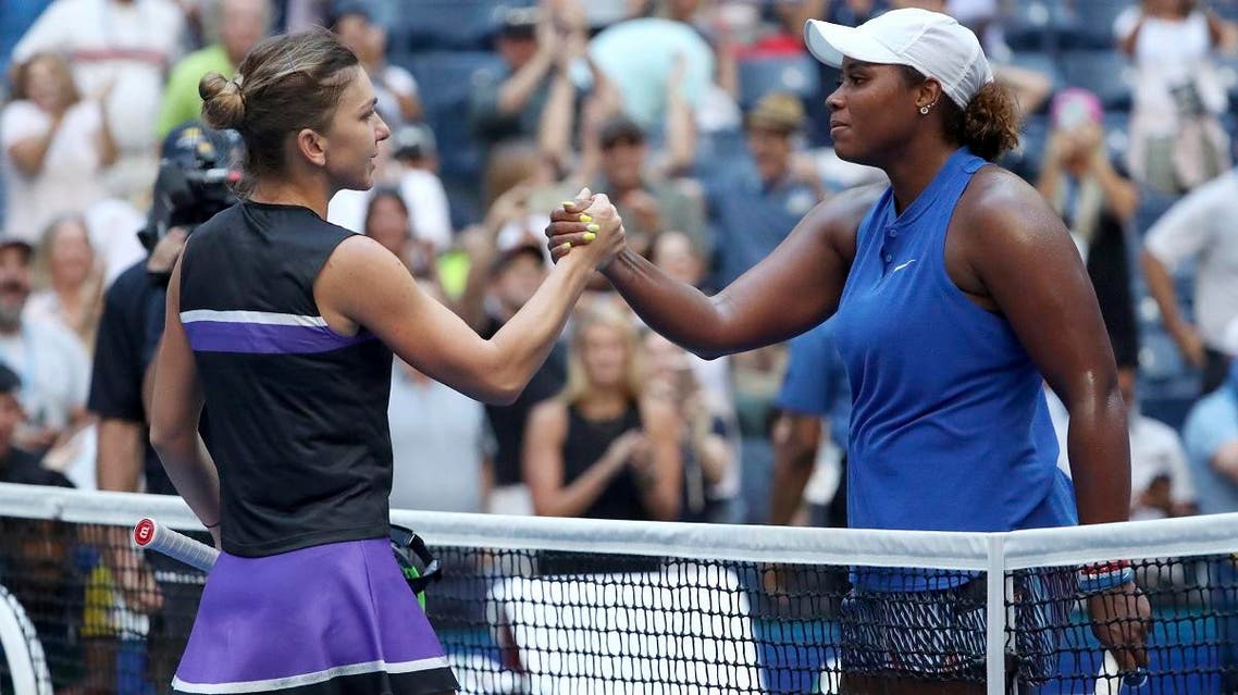 Simona Halep (left), congratulates Taylor Townsend, after Townsend won their second round match of the US Open tennis championships on August 29, 2019, in New York. (AP)